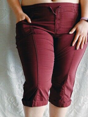 Kismet Size XL | Wine Burgundy Ruched Crop Capri Pants Drawstring Cotton Cargo